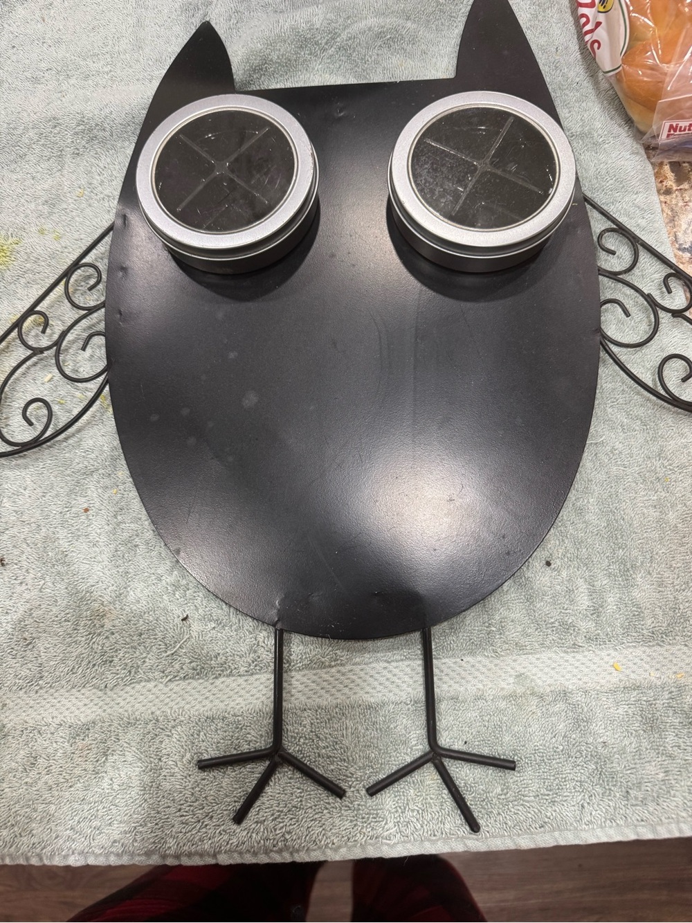 Black Metal Owl Wall Decor with Glass Jar Eyes vintage (C1)